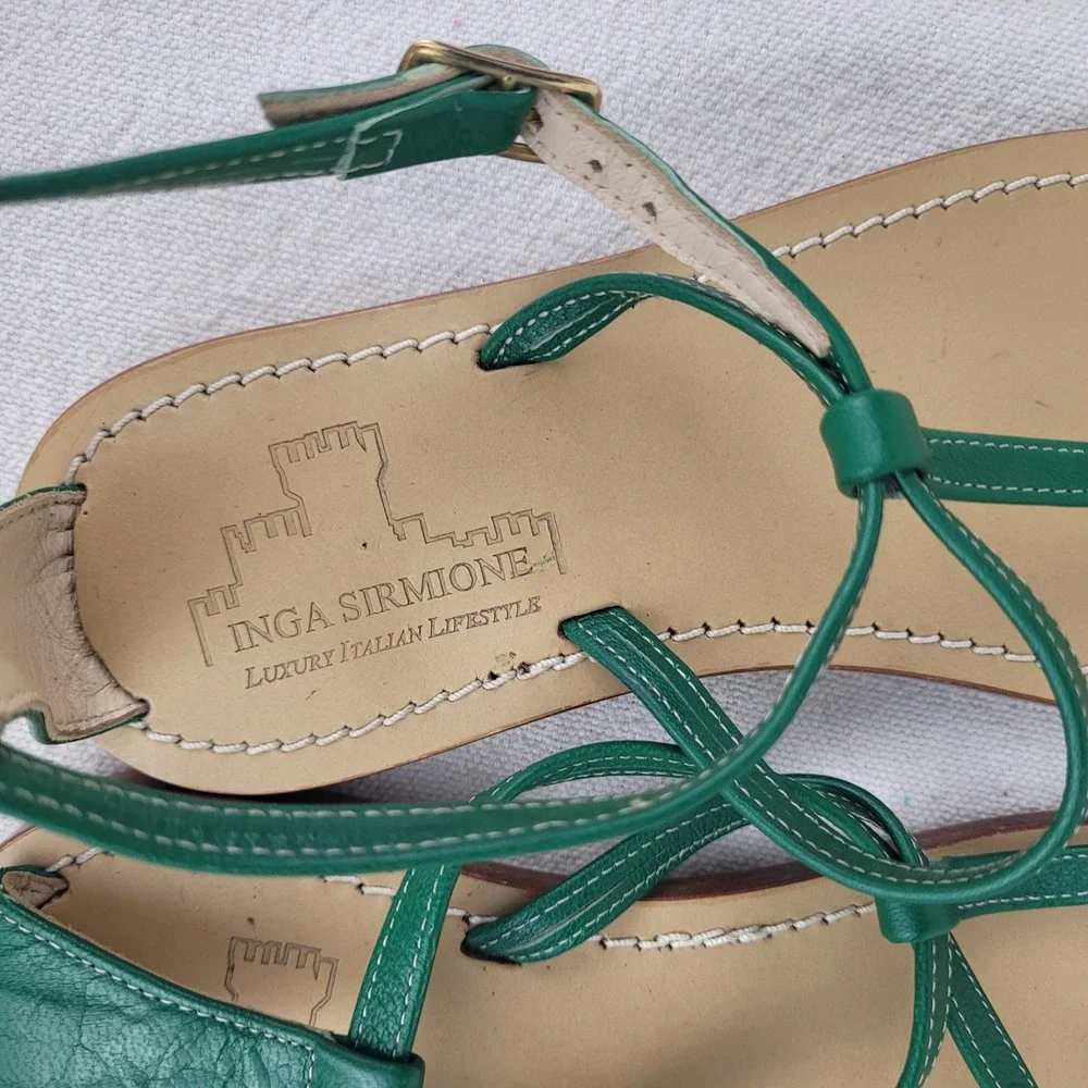 Inga Sirmione Green Leather Strappy Thong Sandals Made in‎ Italy Womens 36